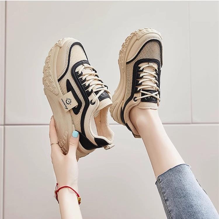 Korean version of women's shoes 2025 new spring and summer dad shoes versatile thick sole inner height increase mesh breathable high top white shoes