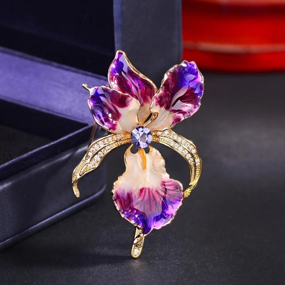 Rhinestone Enamel Lapel Pin Sparkling Plants Badge Vintage Iris Flower Brooch  Suit