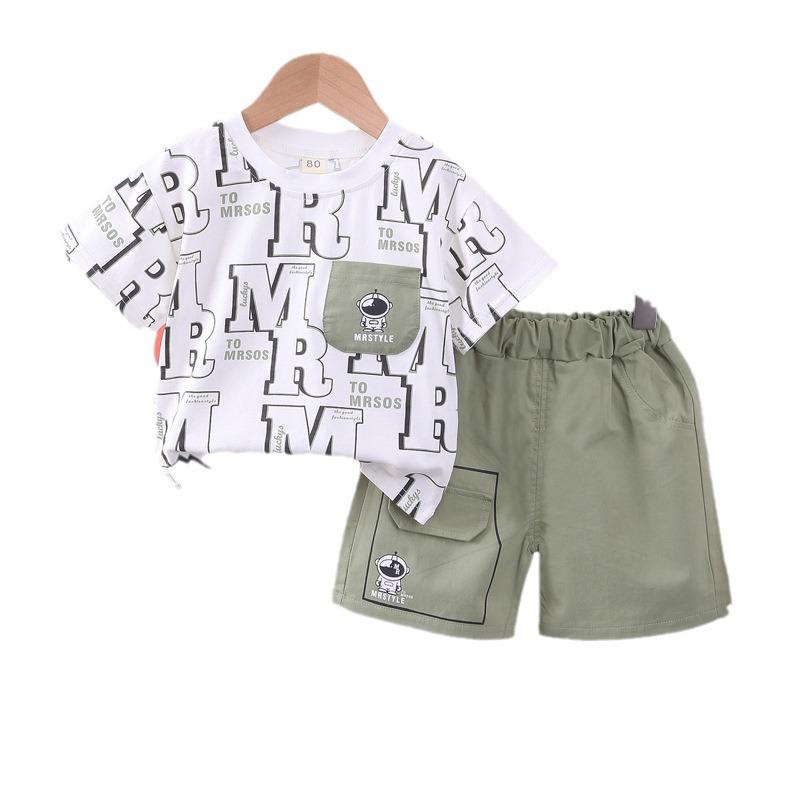 Korean Style Boys' Summer Two-Piece Suit - Short-Sleeved, Full Print for Small To Medium-Sized Kids