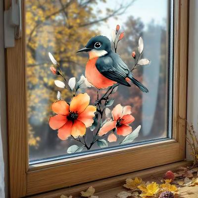 Süßer Blau Rosa Vogel Blumig Statisch Haftend Fensteraufkleber Abnehmbar Selbstklebend für Balkon Schlafzimmer Glas Heimdeko Kunst