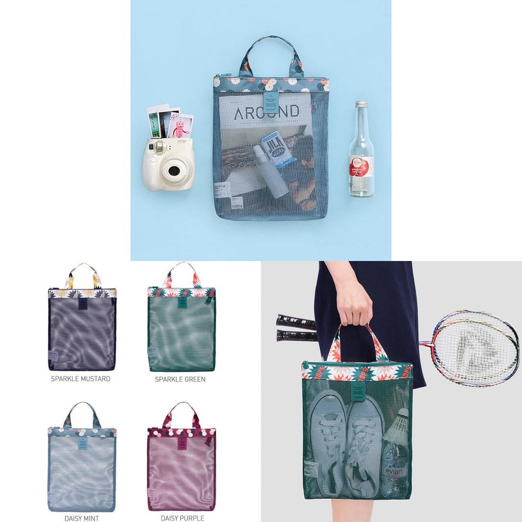 Zomerse strandtas met mesh opbergruimte, reistas van Oxford-stof, multifunctioneel, modern, minimalistisch, blauw met bloemenprint