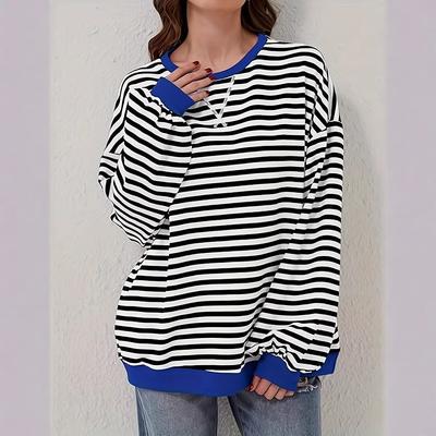 Women's Autumn and Winter Simple Home Casual Striped Pattern Round Neck Trendy Long-sleeved Pullover Color Block T-shirt