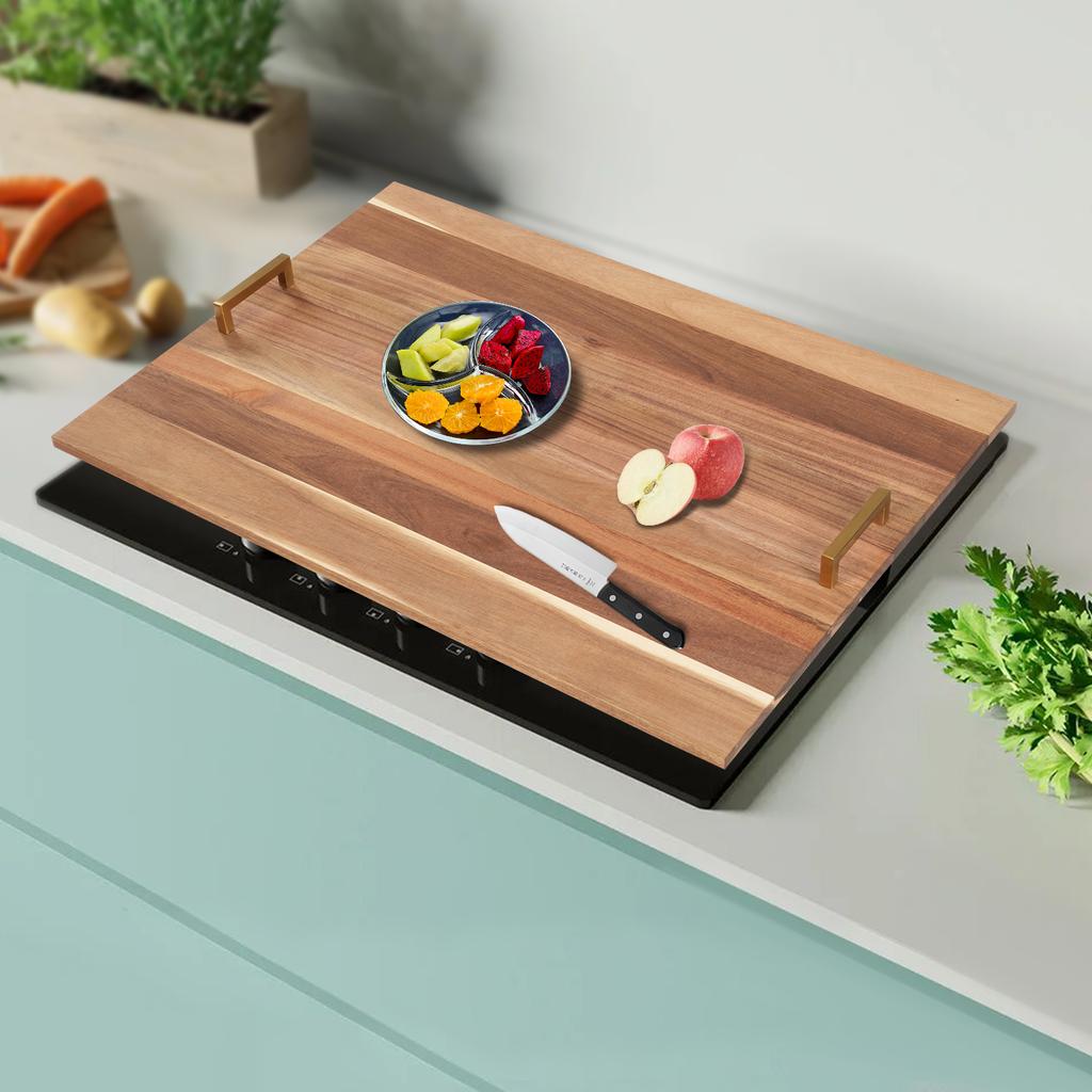 Acacia Wood Stove Top Cover W/ Gold Handles, Modern Rectangular Kitchen Countertop Protector - Max Load 20kg/44lbs, 29x21x0.5 In