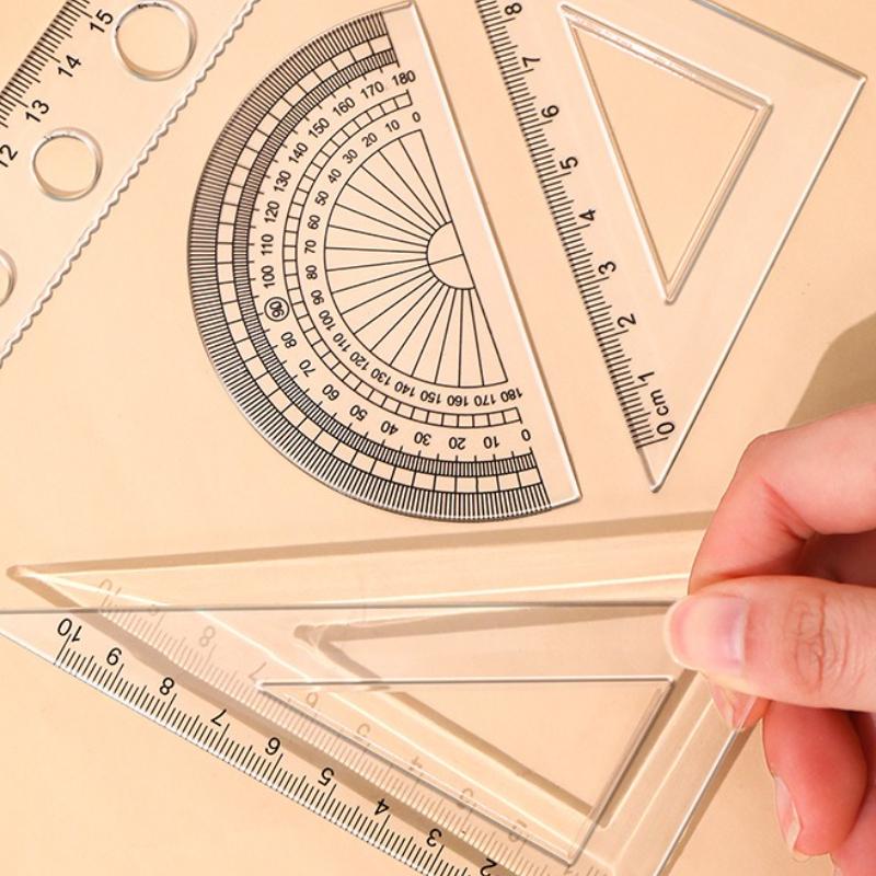 4PCS Set Transparent Plastic Rulers Straight Rulers Protractors Set Square Kawaii School Stationery Kid Math Stationery