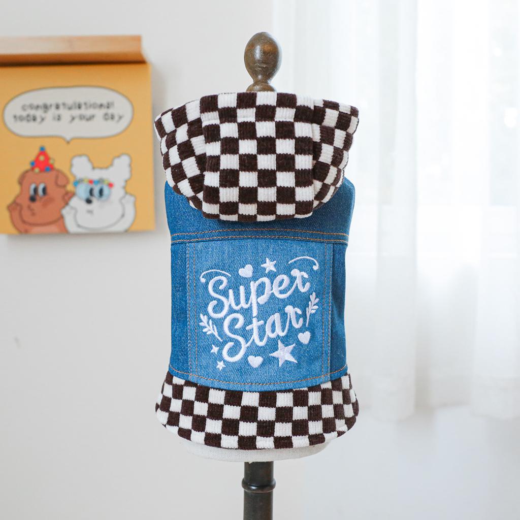 Pet Plaid Hooded Sweatshirt with Denim Splicing and Thickened Coat Clothing 3-color Plaid Denim Coat Dog Clothes for Small Dogs