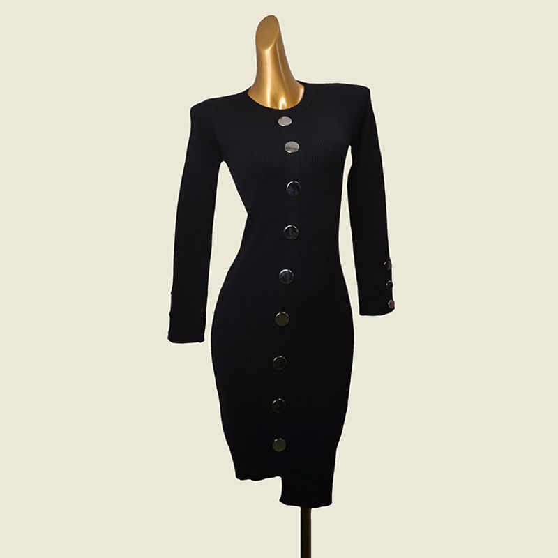 

Single-Breasted Crew Neck Inner Dress Fashion Style Sunken Stripe Thread Fitted Long Sleeves Irregular Knitting Dress Black All yards