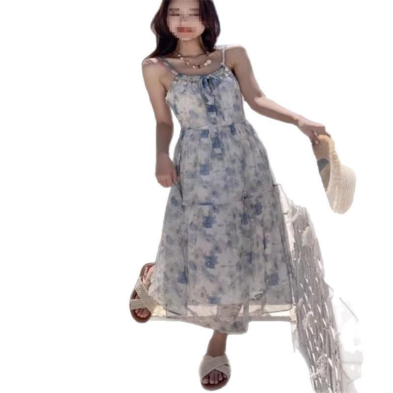 French Temperament High Sense Versatile Floral Dress Women's Summer Oil Painting Holiday Style Suspender Long Dress Waist Single Skirt