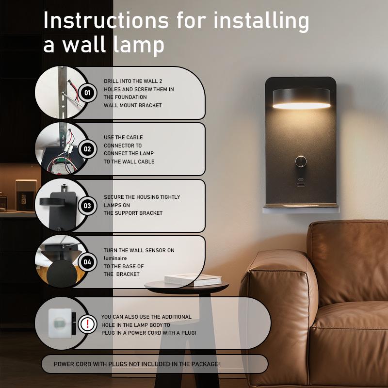 LED Wall Lamp with Wireless and USB Dual Charging Ports for Bedroom and Hotel Reading