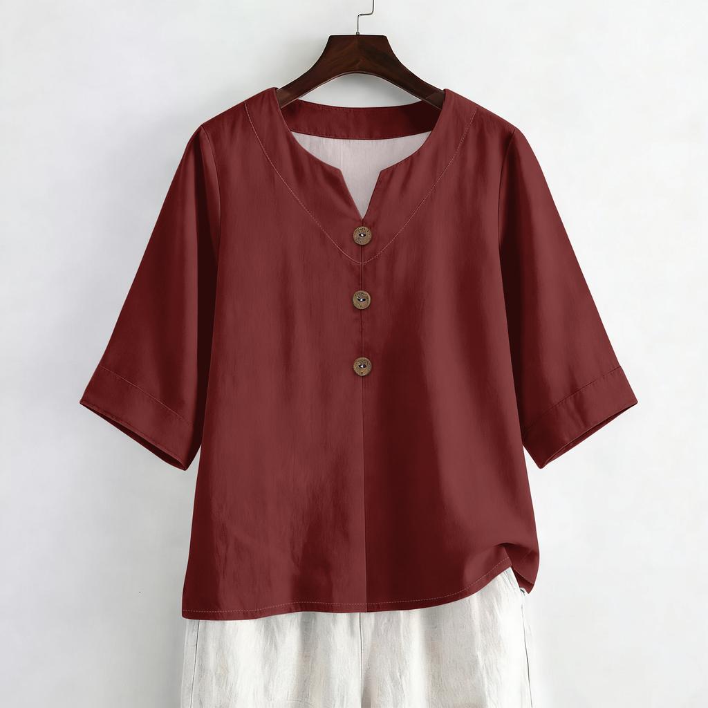 Women's Summer Fashion V-Neck 3/4 Sleeve Linen Shirt - Casual Loose-Fit Top
