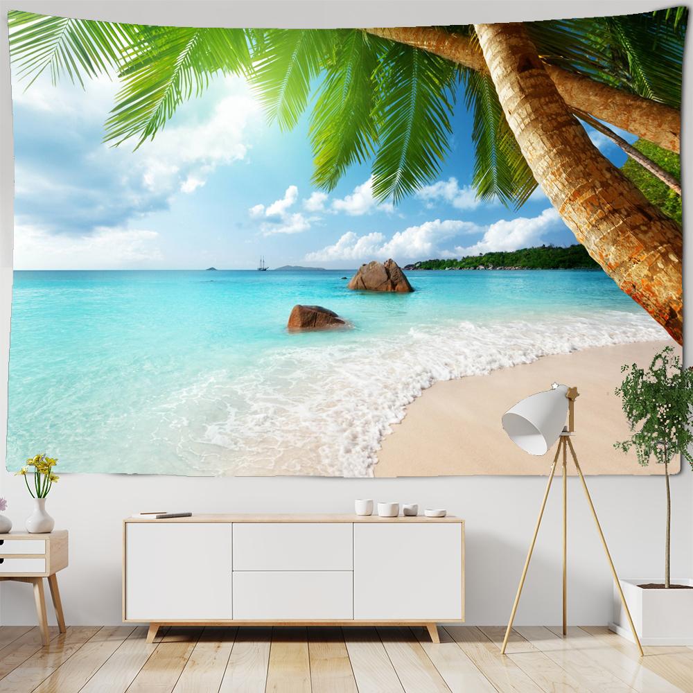 Beautiful Sea Scenery Tapestry Sea Vintage Beach Seascape Palm Tree Tapestry Wall Hanging Tapestries Boho Bedroom Wall Rug Premium Quality