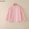 ZANZEA Women Casual Round Neck Long Sleeve Loose Lace Blouse
