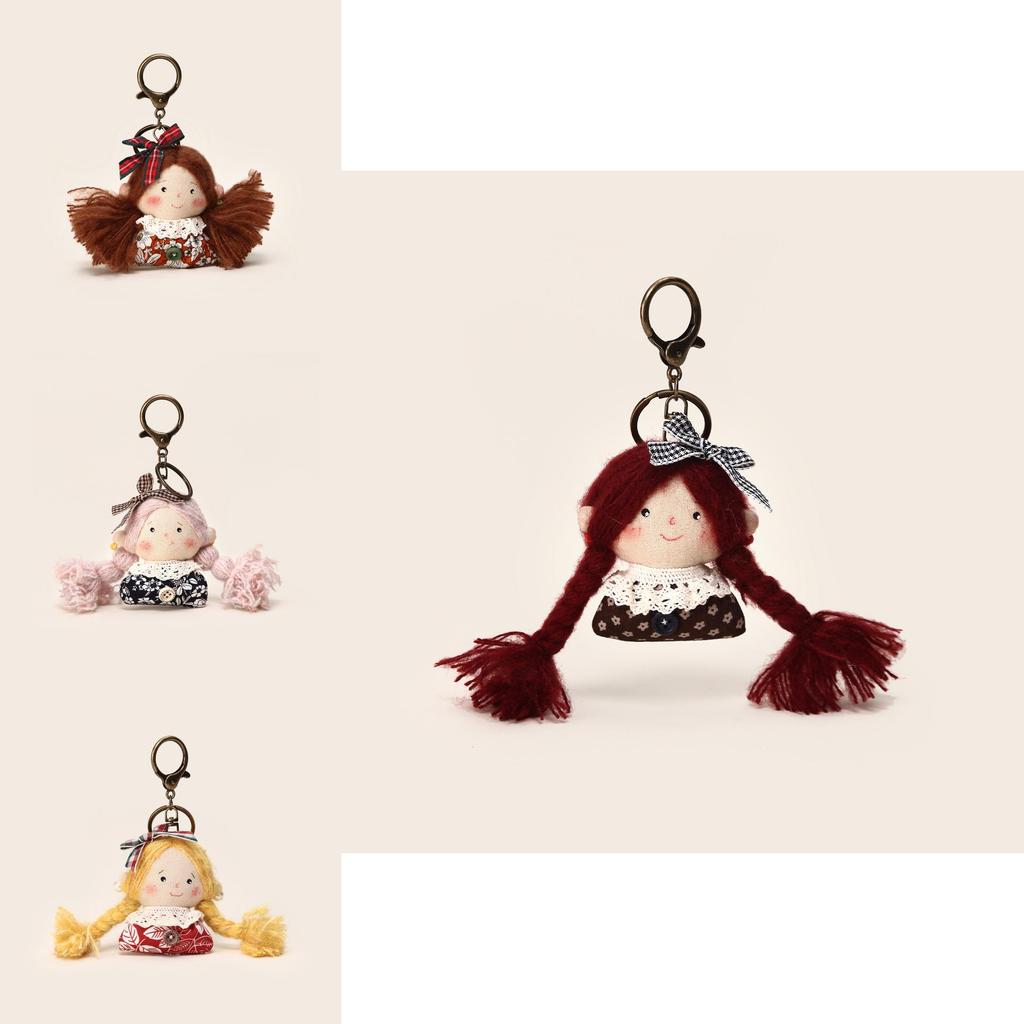 Handmade Korean Plush Doll Keychain With Floral Print Dress Checkered Bow Decor For Gift And Decoration