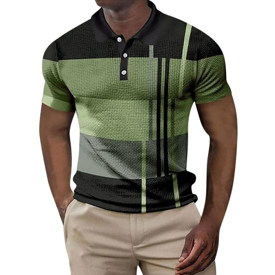 Men Shirt Loose Fit Colorblock Buttoned Turn-down Collar Short Sleeves Pullover Mid Length Casual Daily Vintage Top