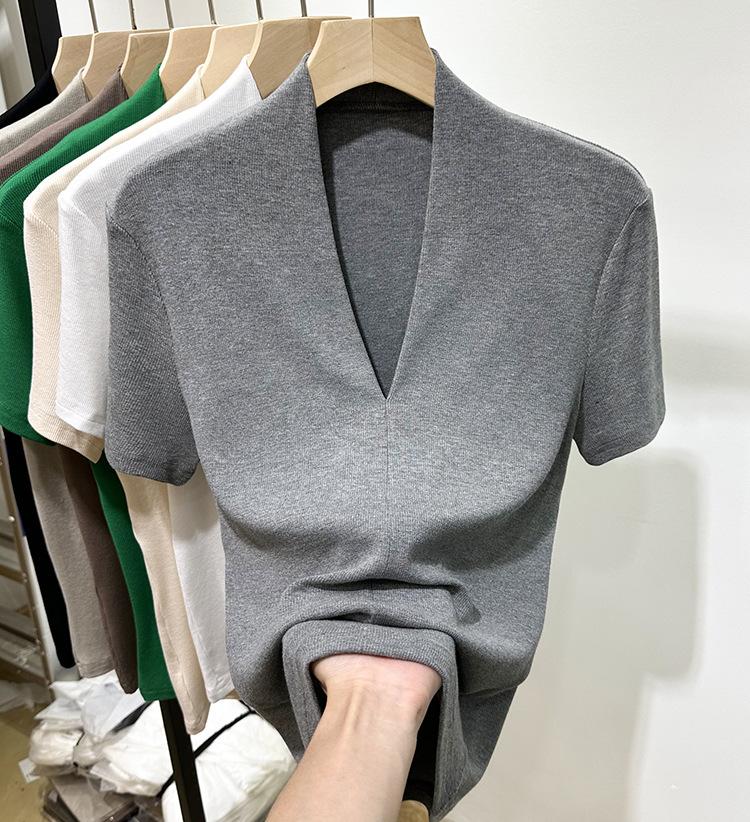 Threaded Fashion V-neck Short-sleeved T-shirt Women's Summer New Slim-fit Half-sleeved T-shirt Top
