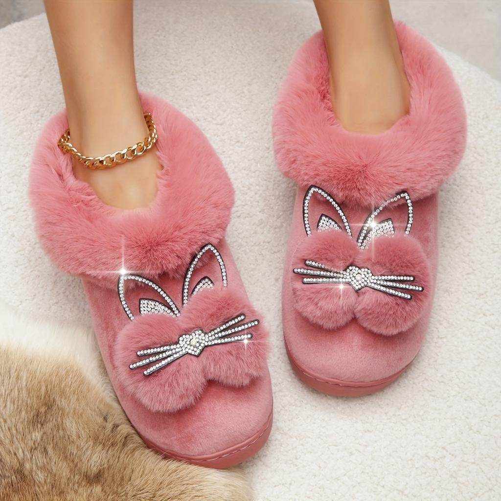 Fluffy Plush Lined Rhinestone Cartoon Decor Novelty Slippers, Cute Winter Warm Home Slip On Shoes