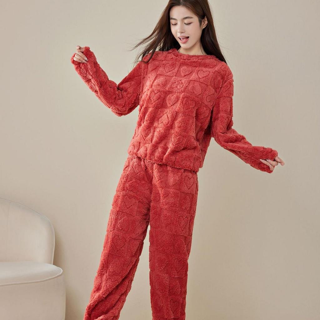 Women's Heart Print Flannel Pajama Set - Warm Winter Coral Fleece Homewear