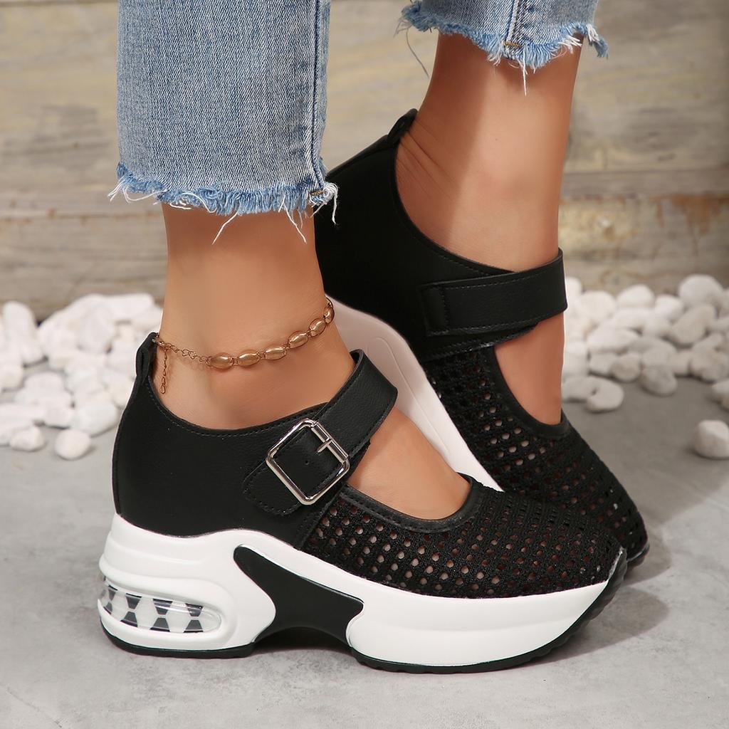 Fashion Breathable Hollow Out Casual Shoes Women 2025 Autumn Thick Bottom High Heel Mary Jane Shoes Thick Bottom Buckle Strap Sneakers