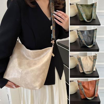 Women Crossbody Bag Adjustable Wide Srap Embroidery Smooth Waterproof Soft Faux Leather Vintage Large Capacity Shoulder Bag