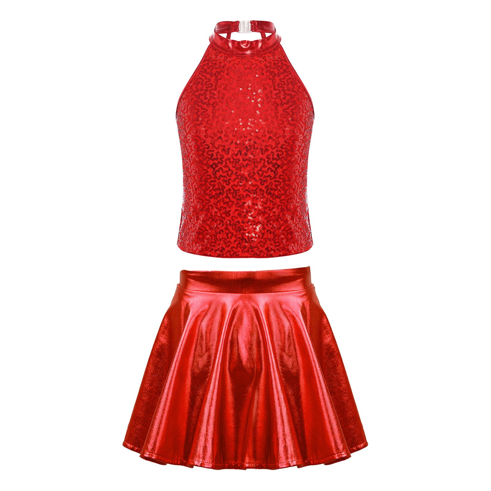 

Girls Sleeveless Backless Shiny Sequin Halter Crop Top Metallic Skirt Cheerleading Costume Set7.65 5-6 Years червоний