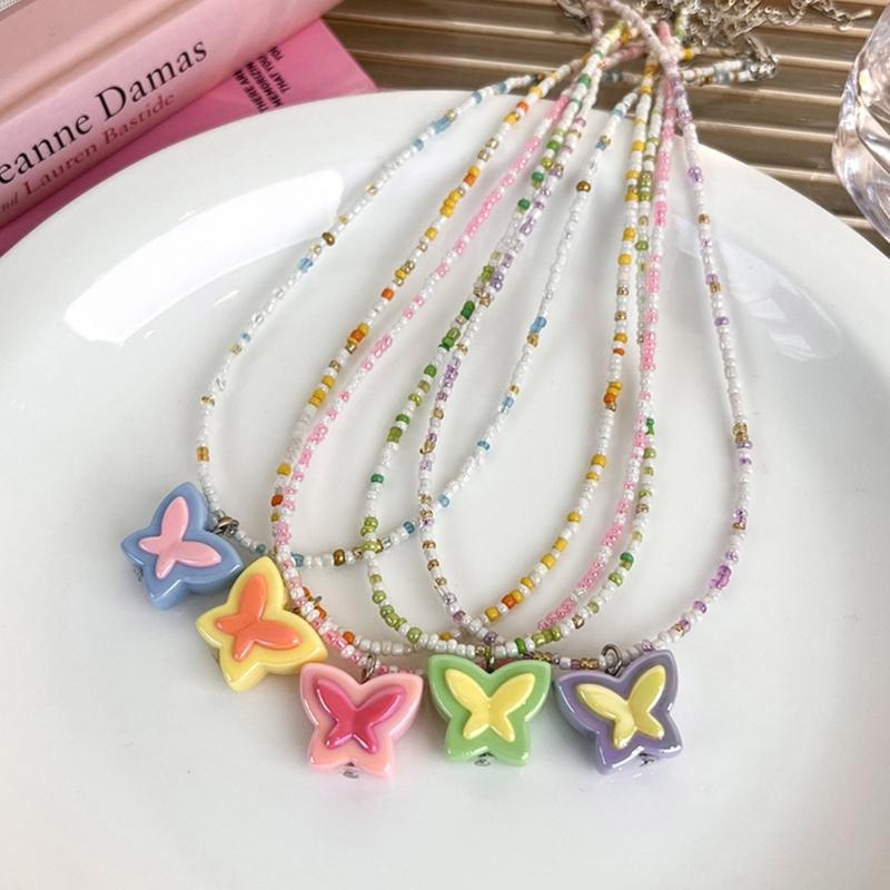 Acrylic Butterfly Beaded Necklaces Butterfly Pendant Choker Beads Chokers Party Accessories Gift for Women Girlfriends
