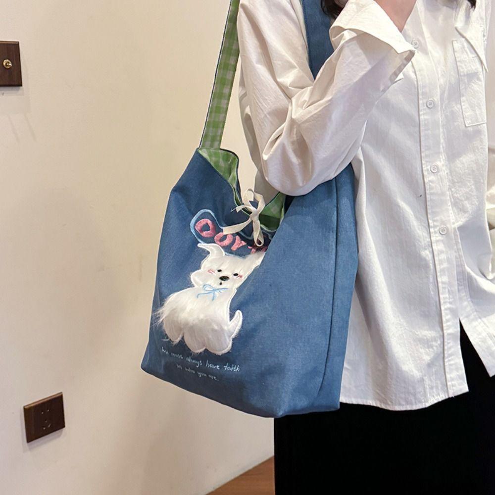 Leisure Puppy Shoulder Bag Casual Denim Shoulder Bag Cartoon Embroidery Denim Bag  Streetwear