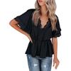 Damen-Shirts mit Spitze, V-Ausschnitt, einfarbig, Rüschensaum, lockere Oberteile mit kurzen Ärmeln
