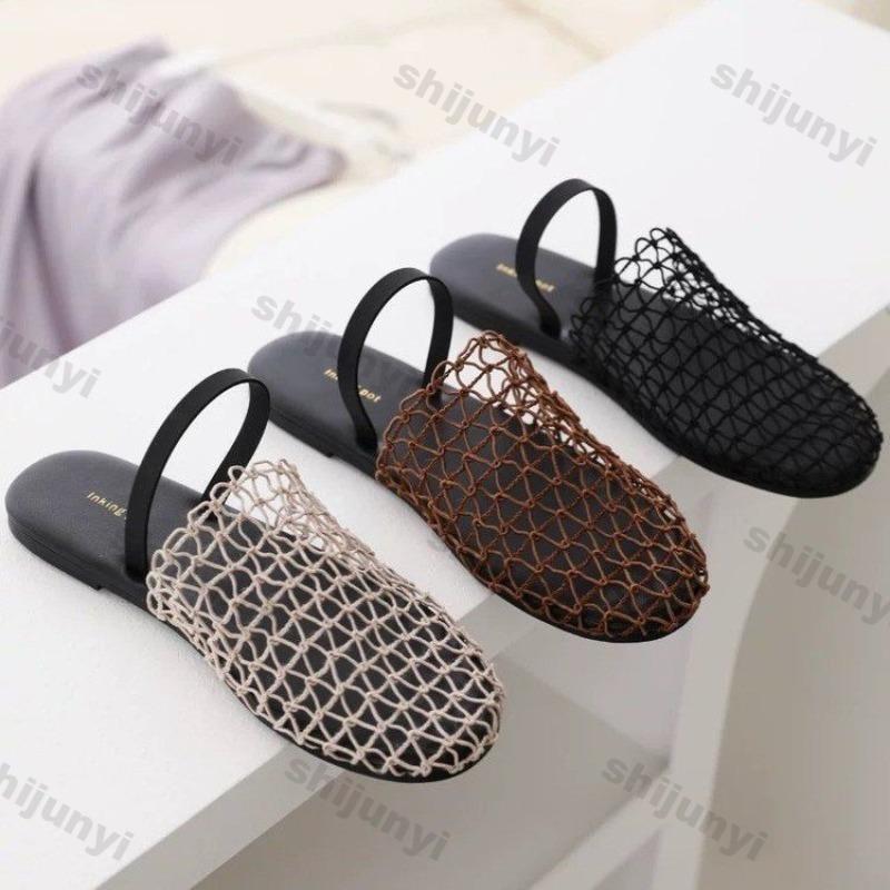 Baotou Fishing Net Flat Shoes Summer 2025 Breathable Mesh Hollow Comfortable Soft Sole Sandals Non Slip Lightweight Slippers