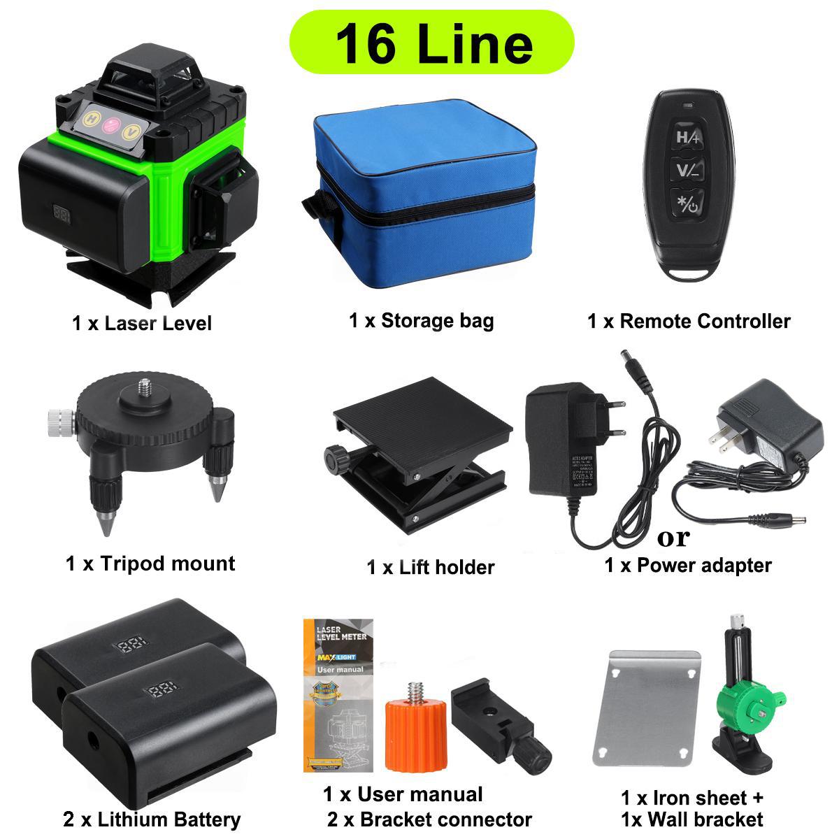 

Беспроводной пульт дистанционного управления, 360 градусов, горизонтальный, вертикальный, поперечный настенный кронштейн, 16 линий, 4D зеленый лазерный уровень, вертикальный крест с 2 батареями