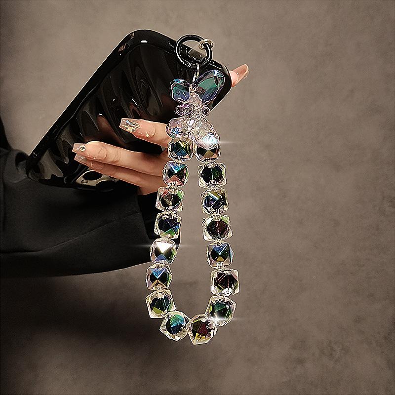 Новый роскошный хрустальный ремешок для телефона, блестящий акриловый бант, подвески для телефона, короткая цепочка на запястье, ручная работа, бусины, подвеска-цепочка чёрный