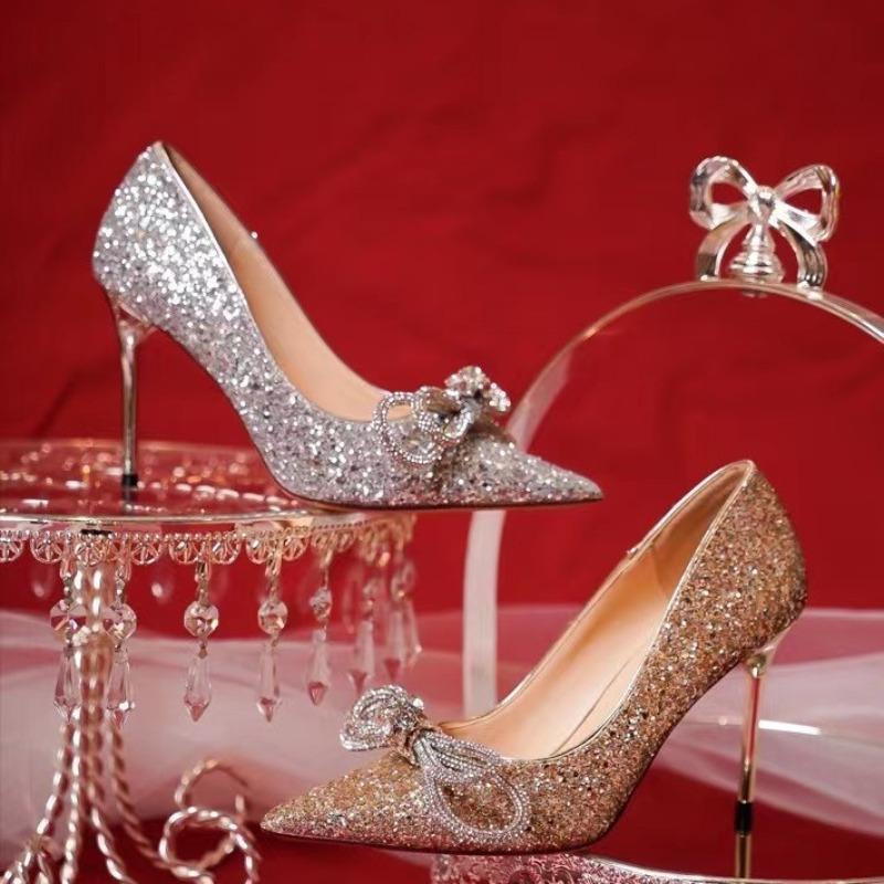 Early spring new black fine flash high heels pointed thin heels dinner sexy rhinestone bow single shoes women