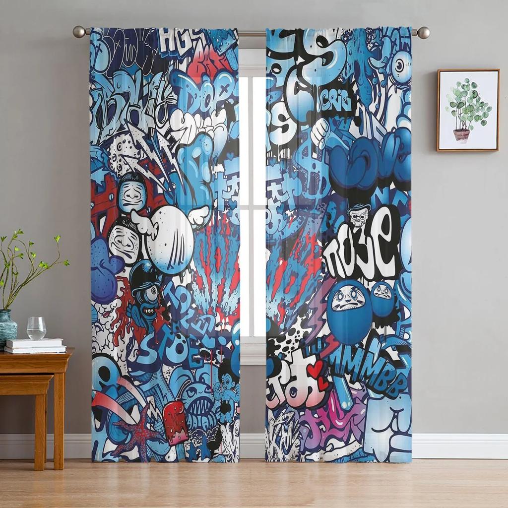 Blue Explosion Punk Graffiti Sheer Curtains for Living Room Decoration Tulle Voile Organza Window Curtains for Kitchen Bedroom