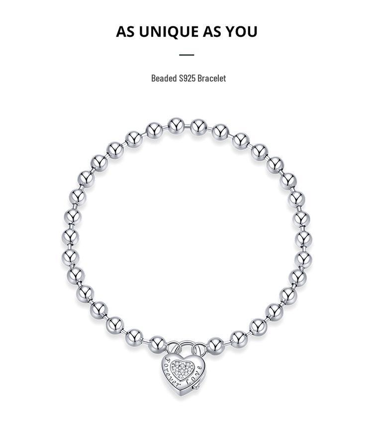 European & American Sterling Silver White Gold Plated Beaded Bracelet, Unisex, Versatile, S925, SCB203