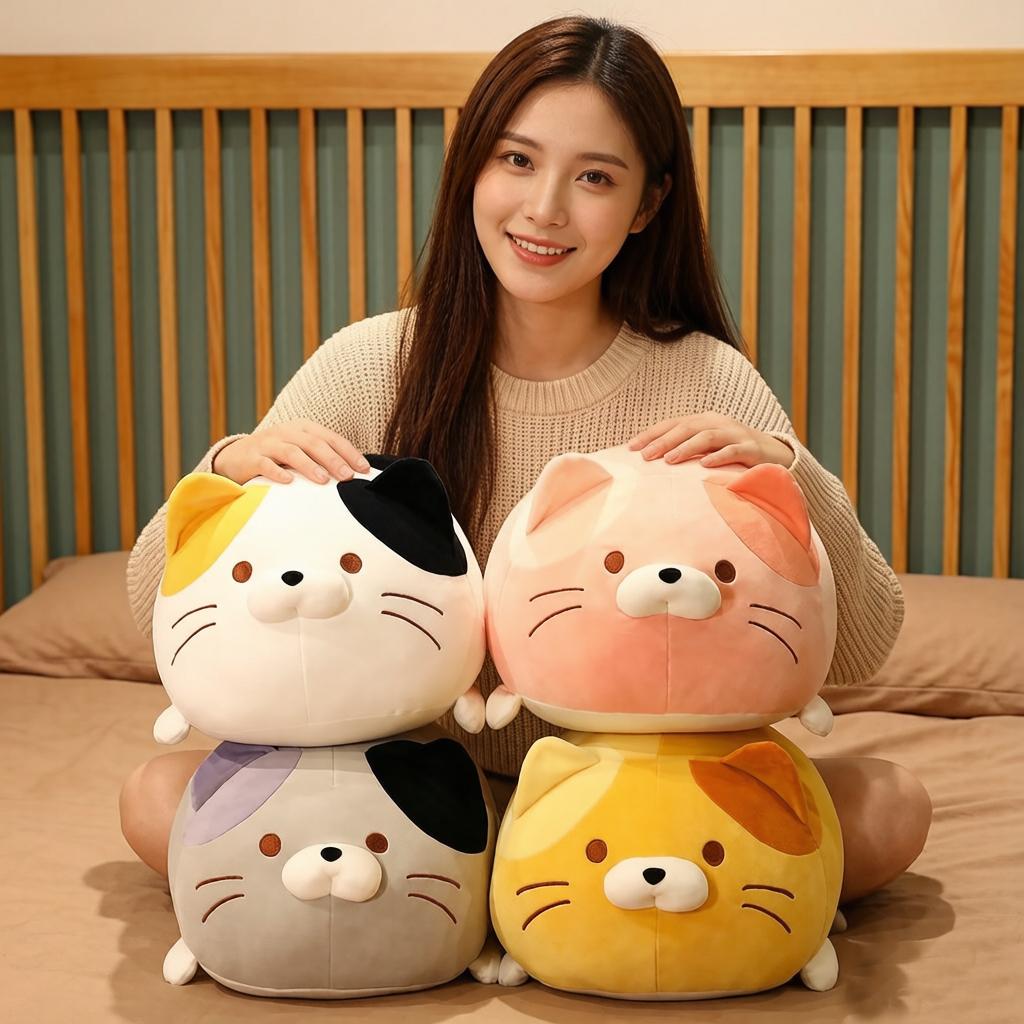 305060Cm Fatty Cat Stuffed Doll Lying 3-Color Pink Grey Brown Kitten Cartoon Animal Plush Toy Soft Comforting Present