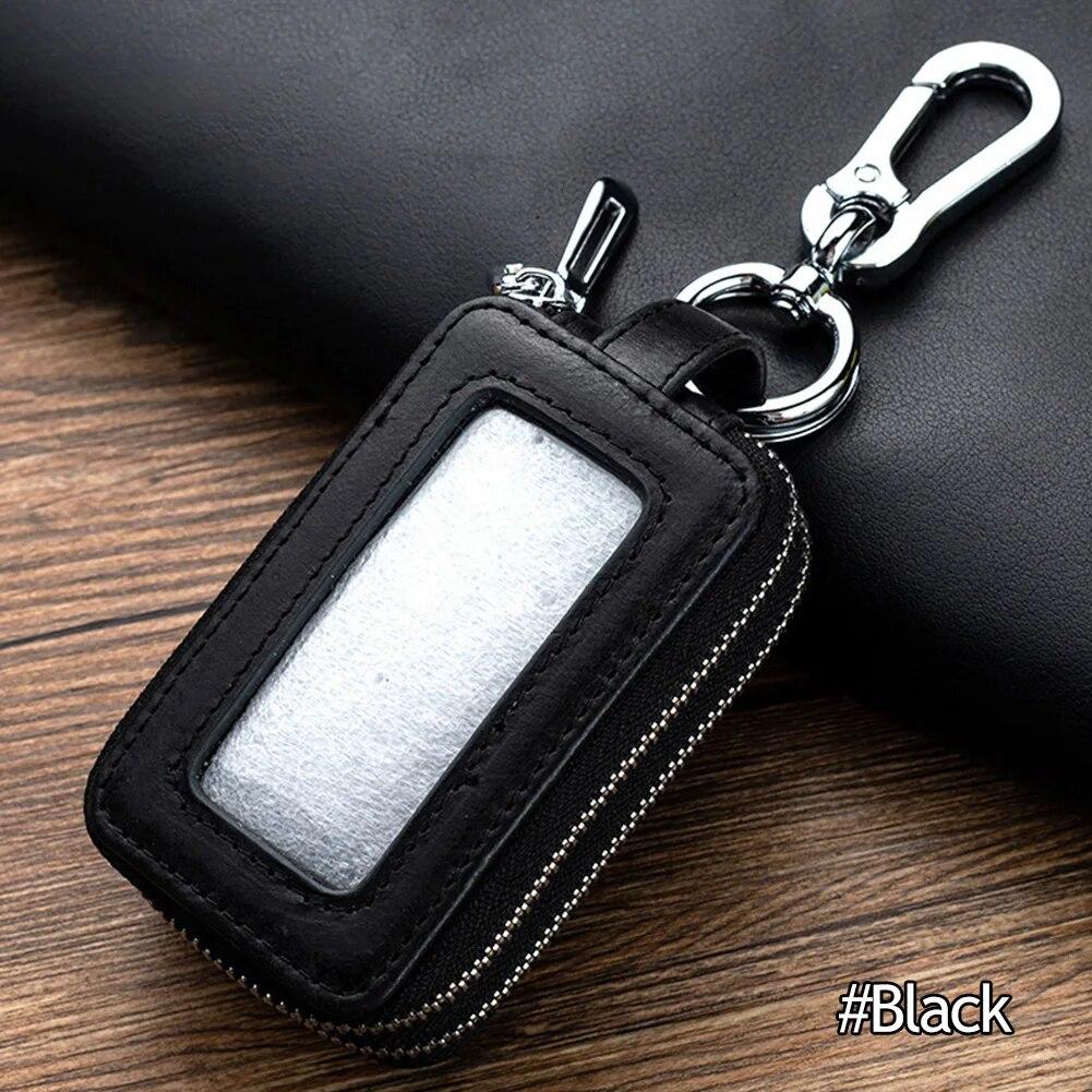 Genuine Cow Leather Home Car Keys' Bag Double Pocket Zipper Mini Wallet Earth Yellow Men Women's Key Holder Transparent Pocket