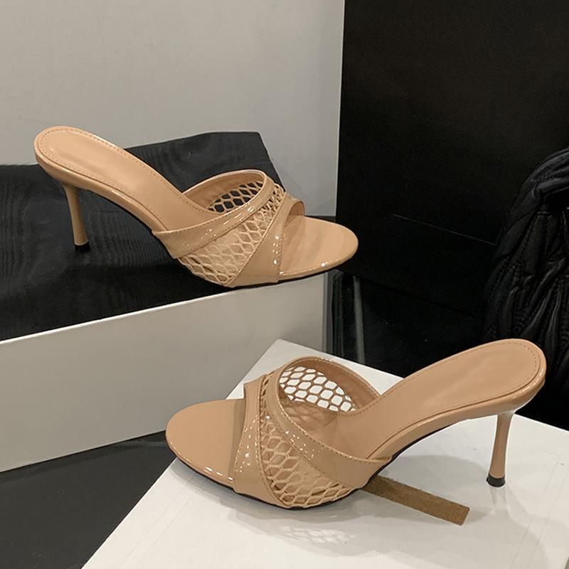 Heeled Footwear Female Slides Women Slippers Fashion Wine red Breathable Mesh Round Toe Thin Heels Sandals Pumps Shoes