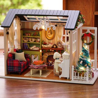 DIY Christmas Miniature Dollhouse Kit Realistic Mini 3D Wooden House Room Craft with Furniture LED