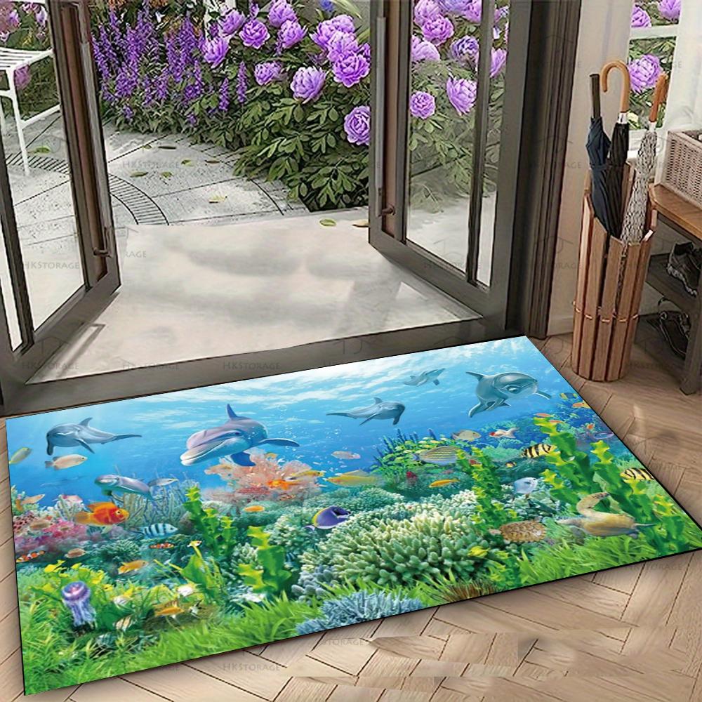 Lively Underwater World Door Mat with Dolphins and Colorful Fish Non-slip Floor Rug for Entrance Home Decorative Mat