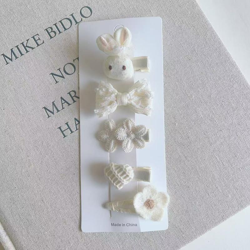 Cute Beige Hair Clips Set With Lace Bow Rabbit Flower Designs Perfect For Little Girls Daily Wear Birthday Party School