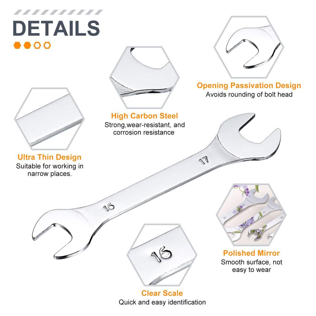 Uxcell Double Thin Wrench Metric Small Flat Head Mirror for Auto Repair and Furniture Assembly 3-Piece Open-End Set, 14x15/16x17/18x19mm, Ultra-Thin,
