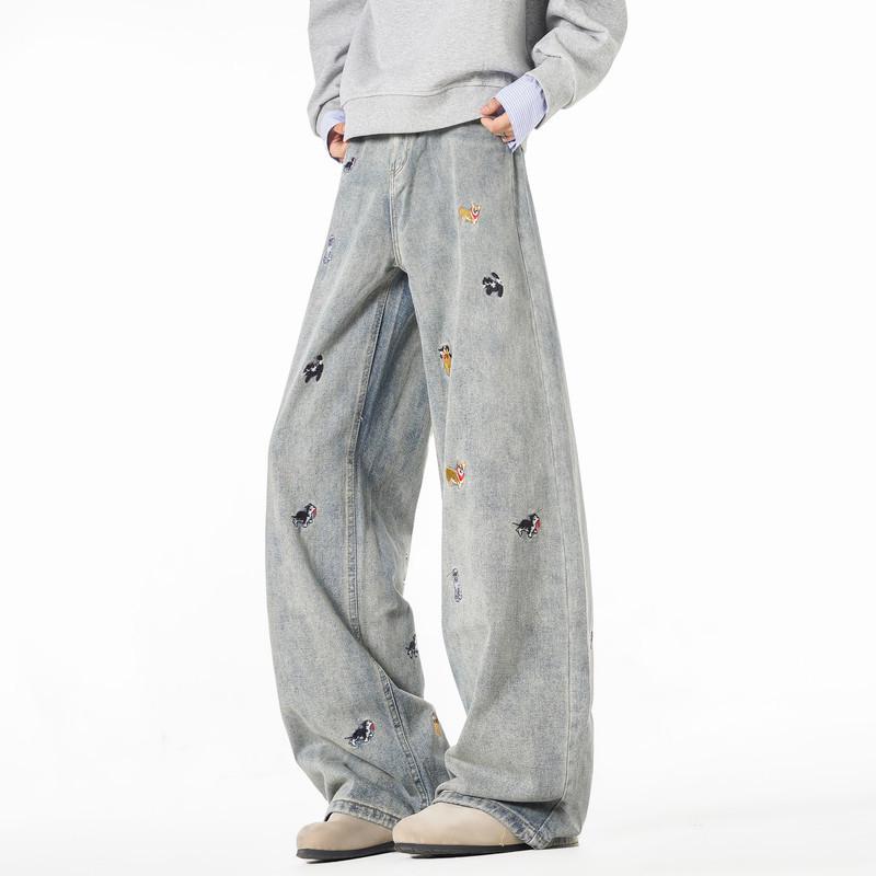 

2026 Spring Plus Size High Waist Puppy Embroidered Wide Leg Jeans - Women s Slimming, Floor-Length Straight Fit XL светло-синий