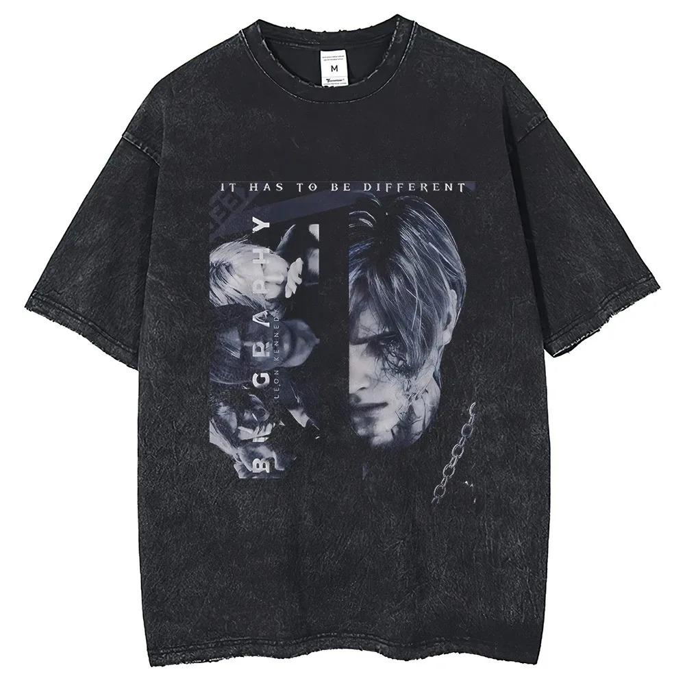 Game Leon S Kennedy Portrait Printed Short Sleeve T Shirt  Harajuku Summer Vintage Wash Cotton Mens Loose Round Clothing S