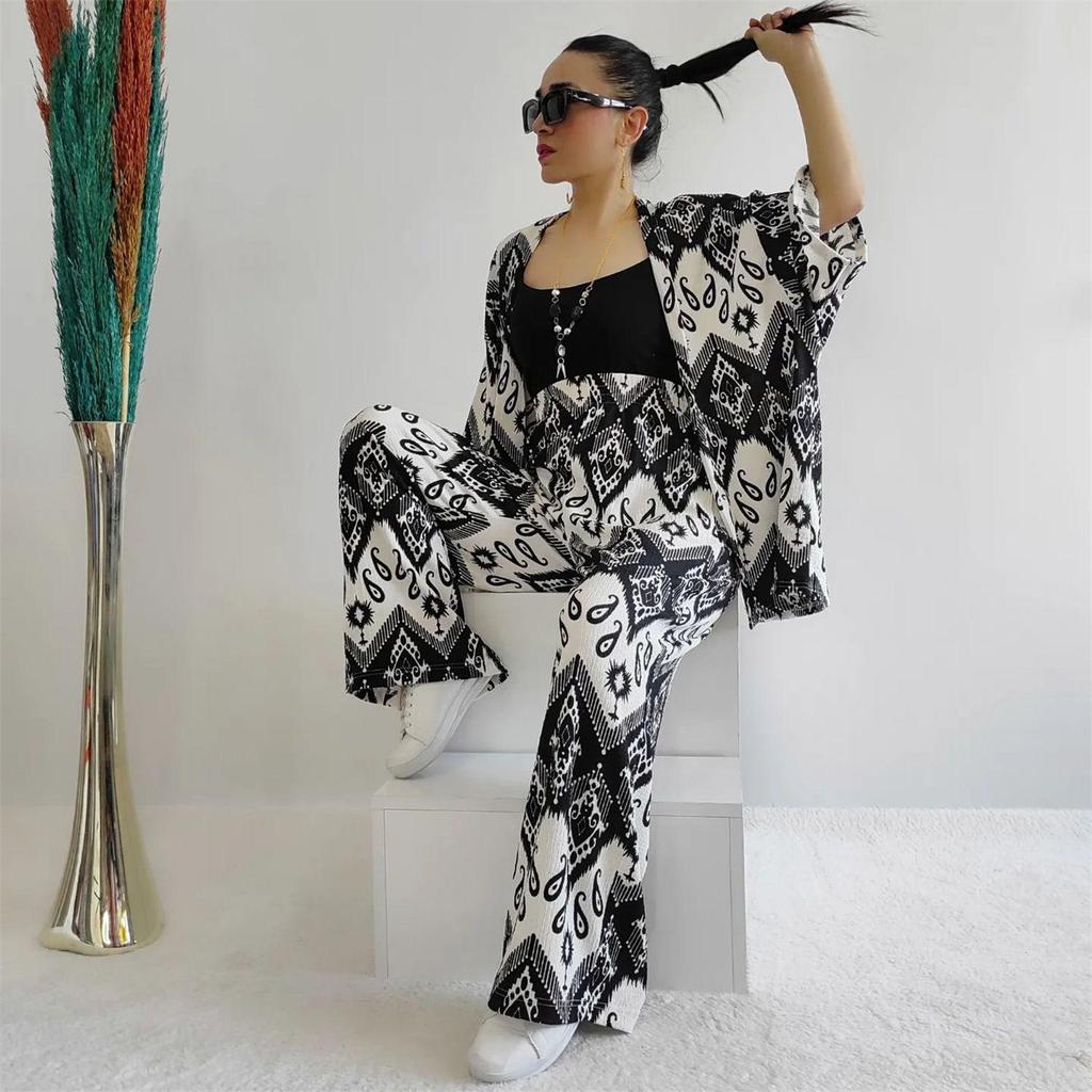 Temu 2024 Summer Women's Loose Plus Size Printed Set: Mid-Sleeve Shirt & Wide-Leg Pants