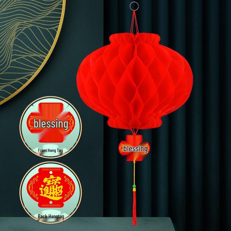 Foldable Thickened Plastic Paper Lanterns - Festive Small Red Honeycomb String for Wedding and New Year Decorations.