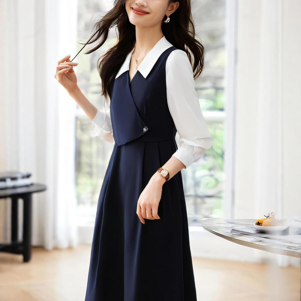Autumn Fashionable Design Dress for Women's Fake Two-piece Commuting Dress