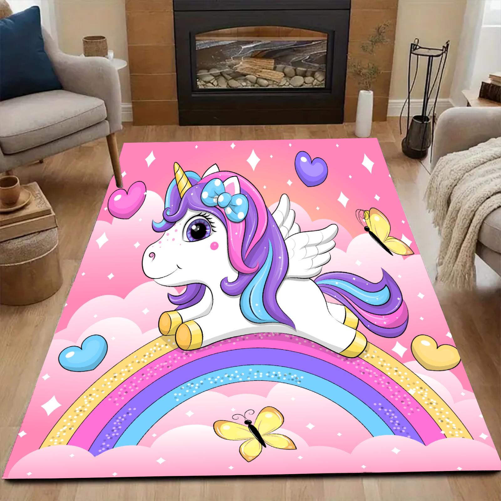 

Lovely Pink Rainbow Pony Cartoon Carpet Living Room Bedroom Decor Non-slip Parlor Floor Mat Surface Smooth Carpet Birthday Gift 60x90cm