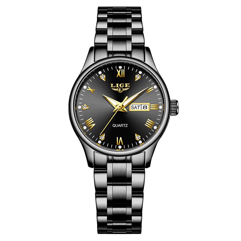 

LIGE Elegant Women Watch Classic Diamond Dial Waterproof Quartz Watch Dual Date Waterproof Luminous Stainless Steel Ladies Watch чорний