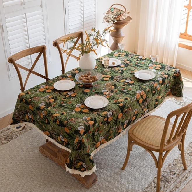 American Retro Country Tablecloth with Beige Tassel Rectangle Coffee Table Dining Table Cover Decorative Cloth for Festivals