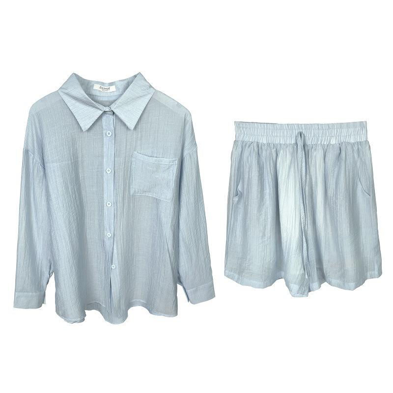 Korean Dongdaemun Fashion Casual Solid Color Slimming Long Sleeve Shirt & Shorts Set Women's Trend