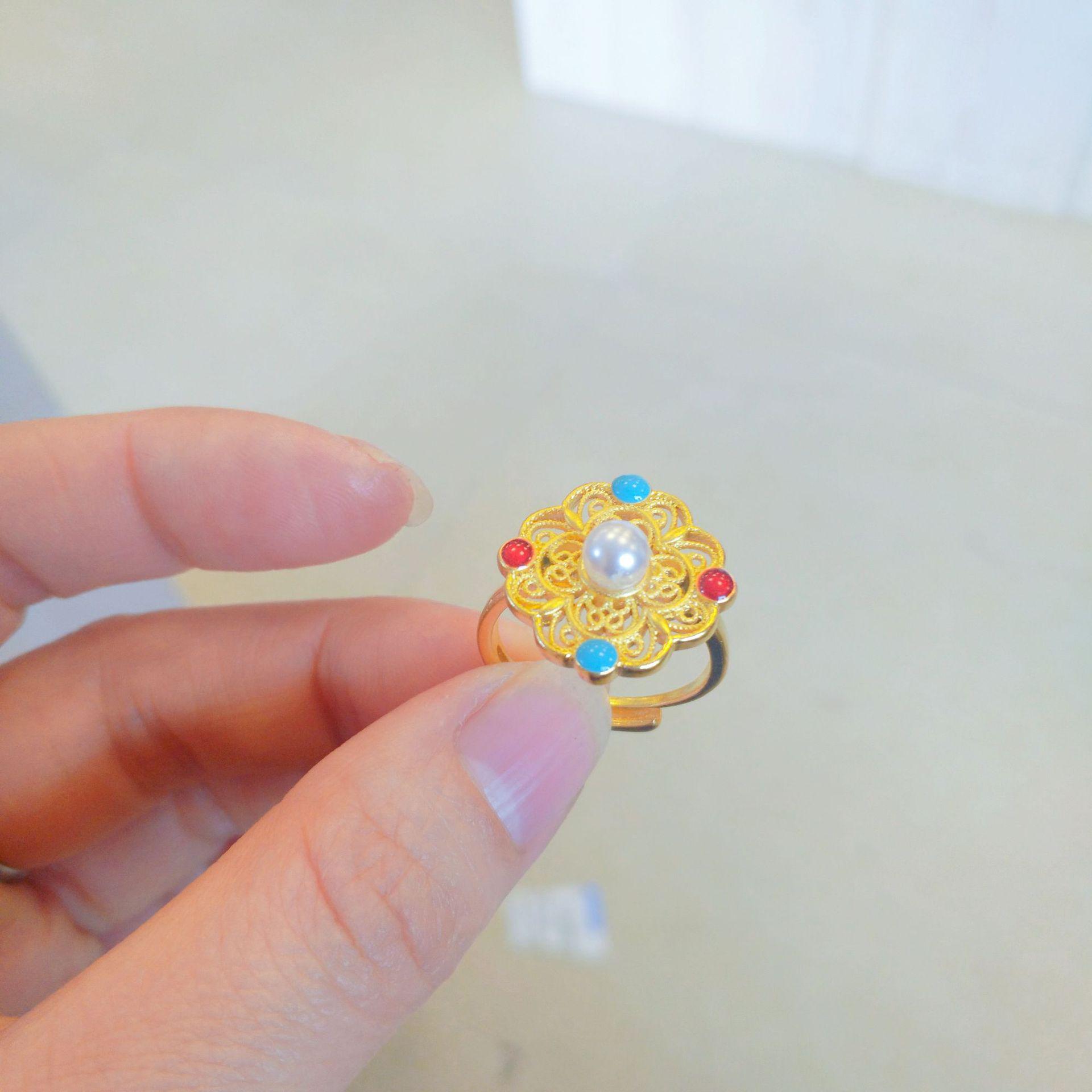 Adjustable Golden Enamel Ring with Ancient Filigree Ruyi Pattern - Perfect for Weddings Adjustable