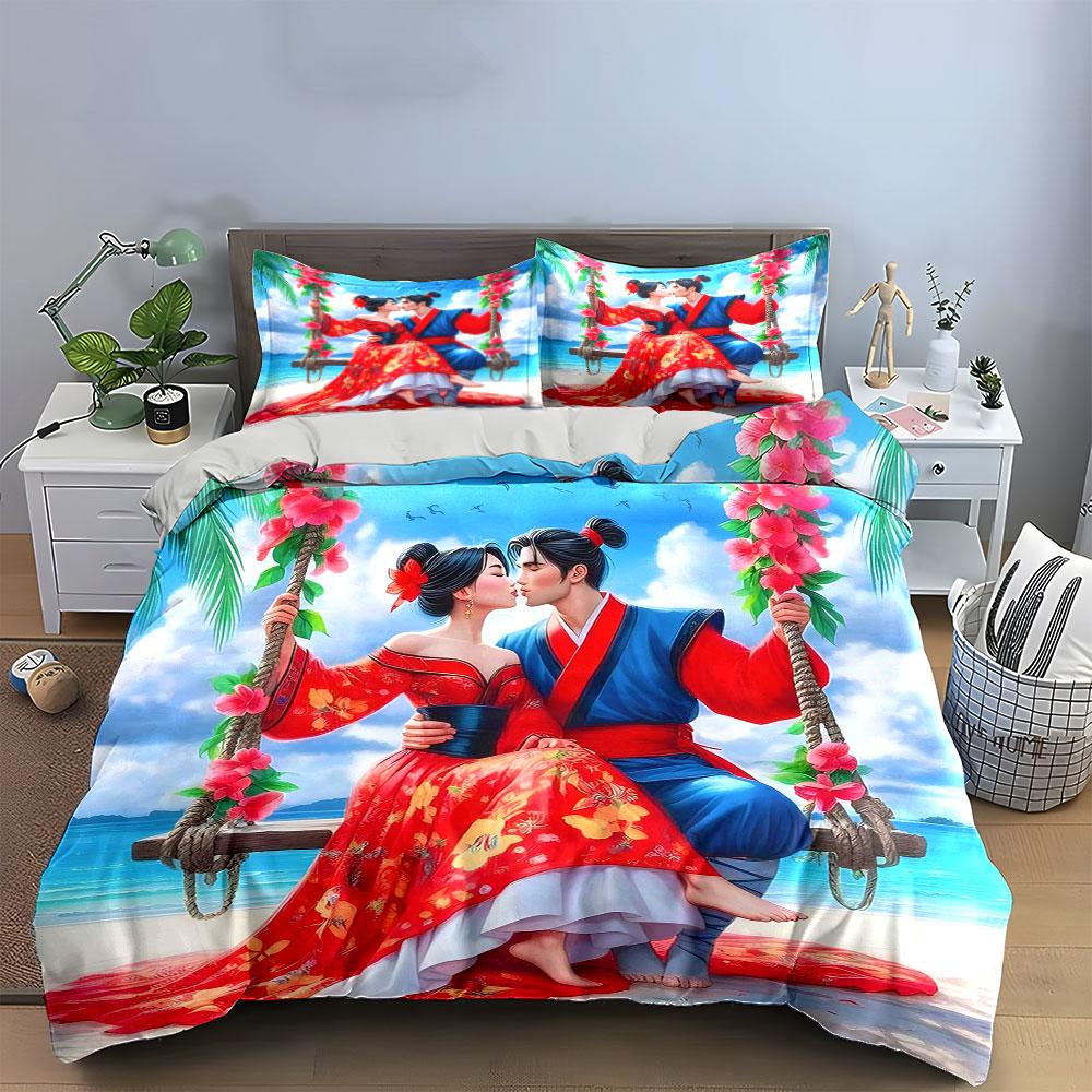 Romantic Couple on a Swing by the Beach Print Bedding Set Duvet Cover Pillowcases (1* Duvet Cover 2* Pillowcases Do Not Include Comforter)